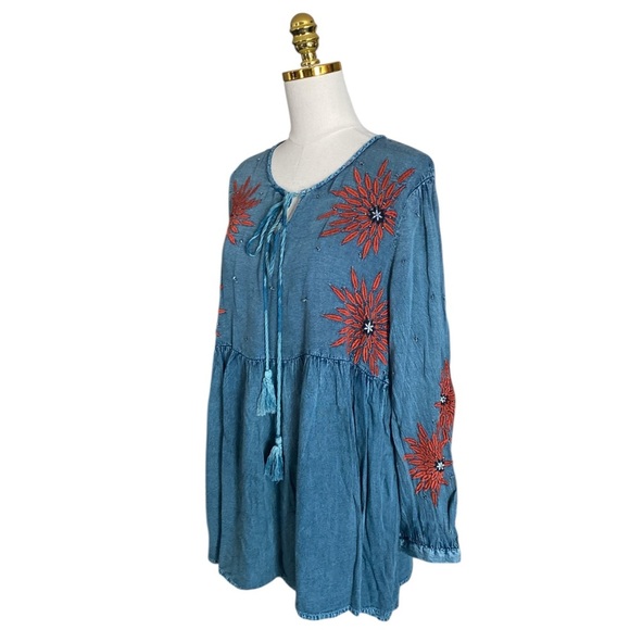 Nostalgia Womens Floral Embroidered Western Cowgirl Boho Blue Relaxed Tunic Sz M - Picture 5 of 8